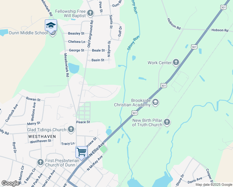 map of restaurants, bars, coffee shops, grocery stores, and more near 110 Brandywood Drive in Dunn