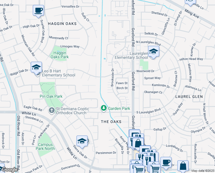 map of restaurants, bars, coffee shops, grocery stores, and more near 2921 Brookside Drive in Bakersfield