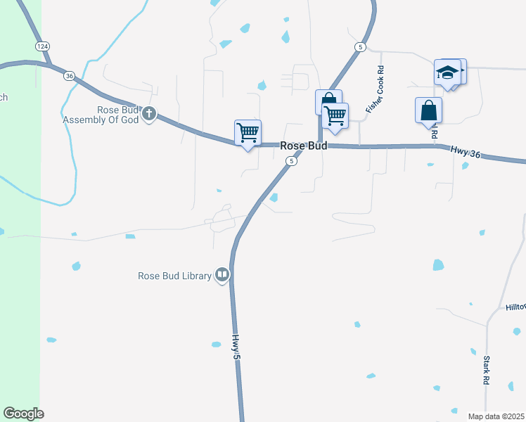 map of restaurants, bars, coffee shops, grocery stores, and more near 501 Arkansas 5 in Rose Bud