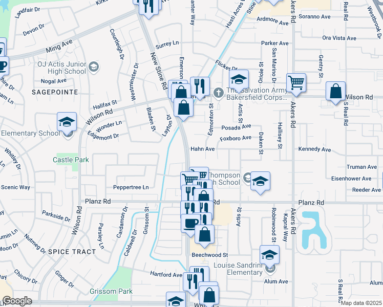 map of restaurants, bars, coffee shops, grocery stores, and more near 4809 Hahn Avenue in Bakersfield