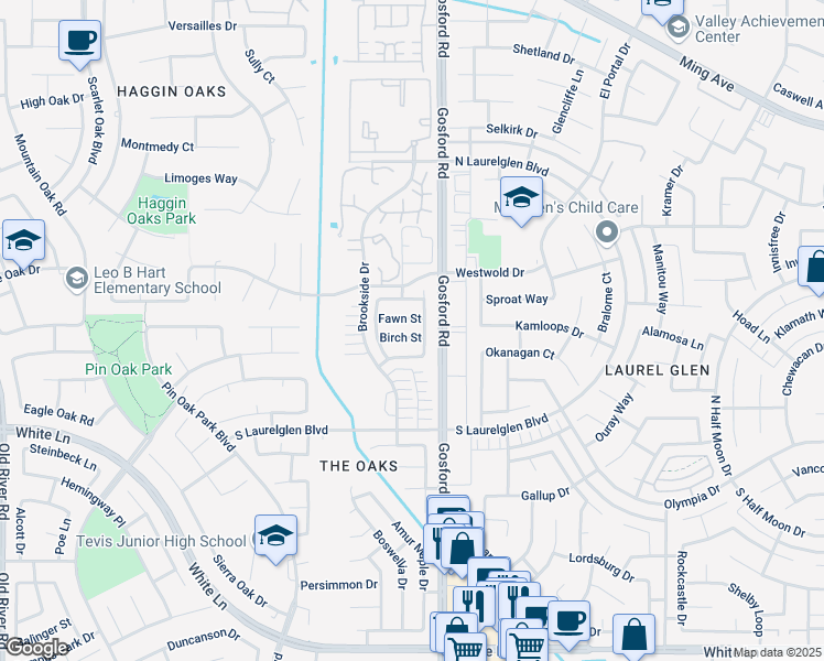 map of restaurants, bars, coffee shops, grocery stores, and more near 8108 Birch Street in Bakersfield