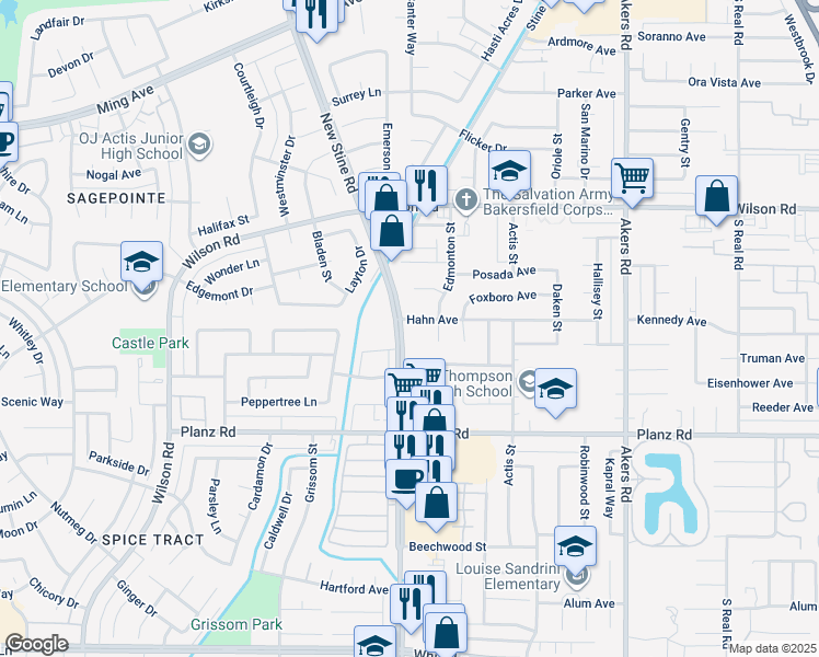 map of restaurants, bars, coffee shops, grocery stores, and more near 4809 Hahn Avenue in Bakersfield
