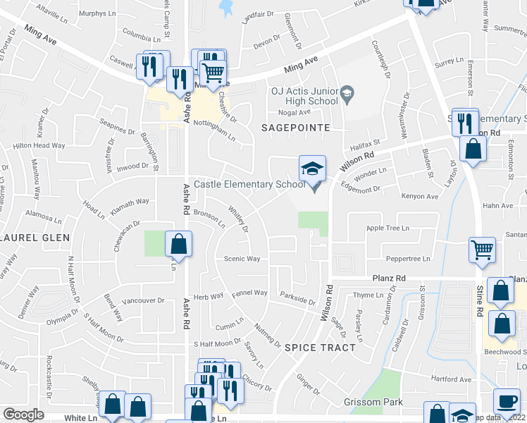 map of restaurants, bars, coffee shops, grocery stores, and more near 3005 North Half Moon Drive in Bakersfield