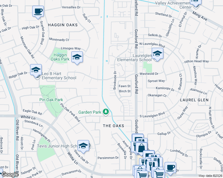 map of restaurants, bars, coffee shops, grocery stores, and more near 2933 Brookside Drive in Bakersfield
