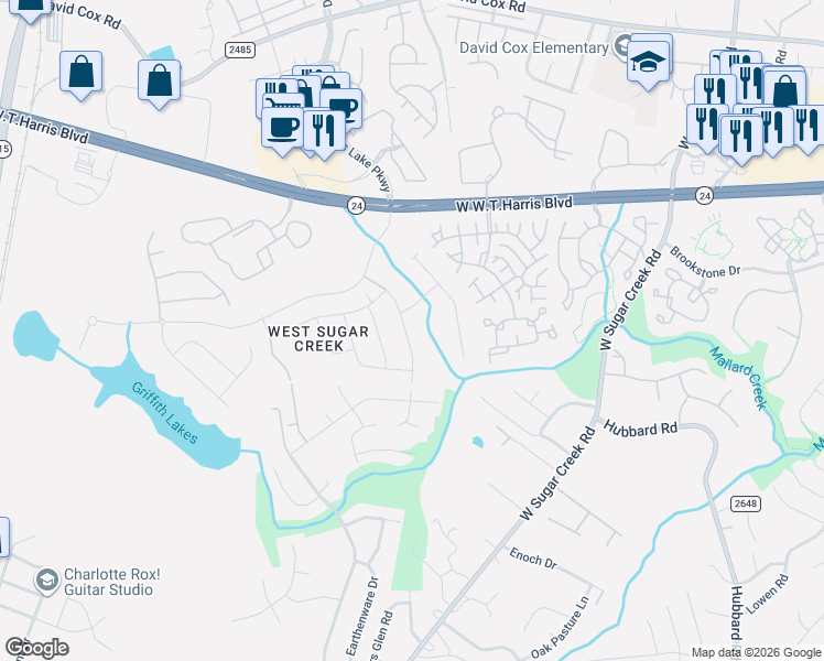 map of restaurants, bars, coffee shops, grocery stores, and more near 9205 Munsing Drive in Charlotte