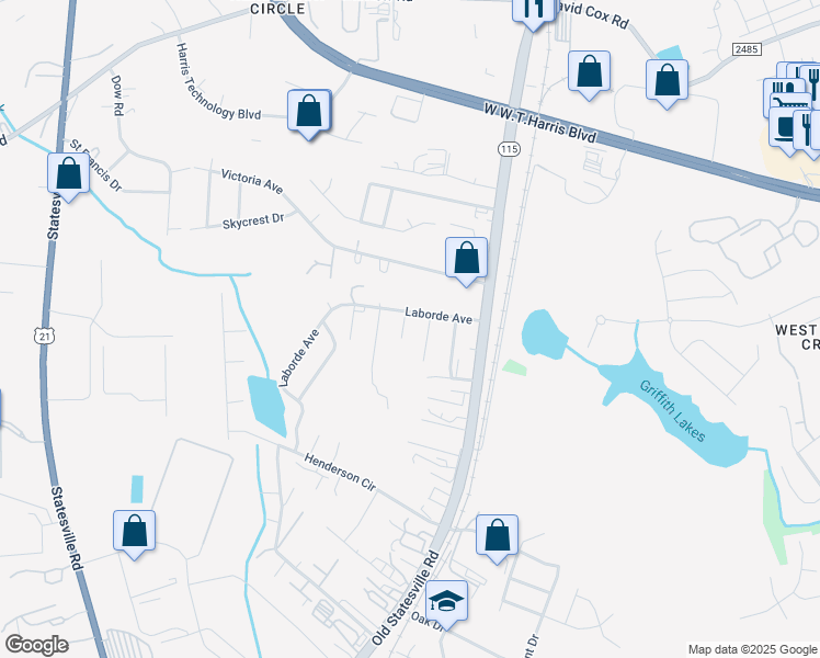 map of restaurants, bars, coffee shops, grocery stores, and more near 7720 Ocala Road in Charlotte