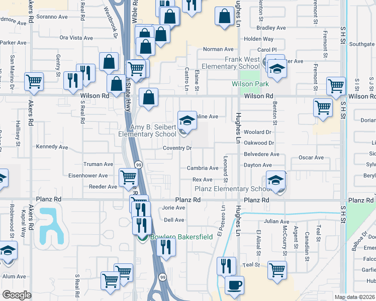 map of restaurants, bars, coffee shops, grocery stores, and more near 2908 Belhaven Street in Bakersfield