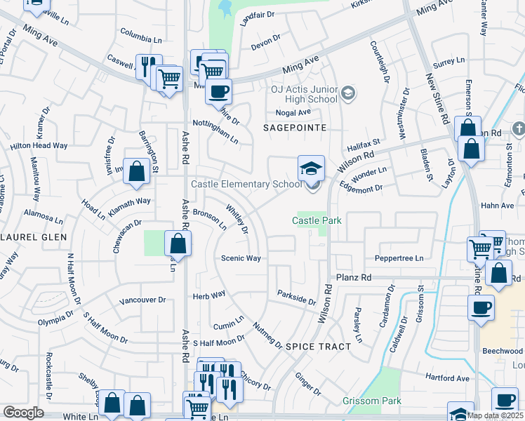 map of restaurants, bars, coffee shops, grocery stores, and more near 3005 North Half Moon Drive in Bakersfield