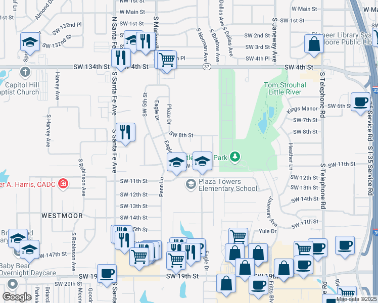 map of restaurants, bars, coffee shops, grocery stores, and more near 849 Cardan Place in Moore
