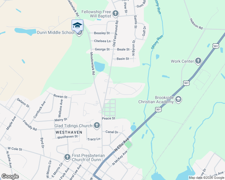 map of restaurants, bars, coffee shops, grocery stores, and more near 100 Rollingwood Drive in Dunn