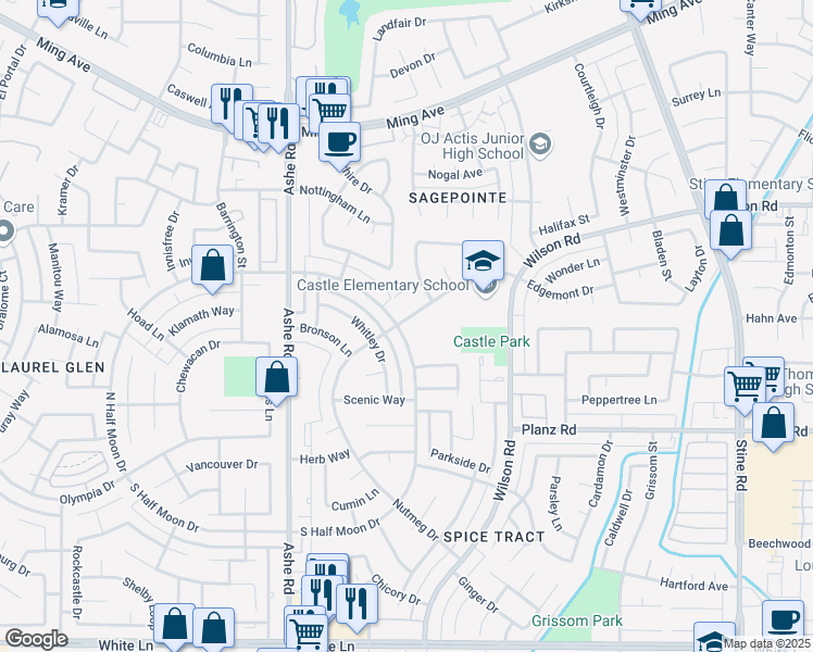 map of restaurants, bars, coffee shops, grocery stores, and more near 6113 Edgemont Drive in Bakersfield