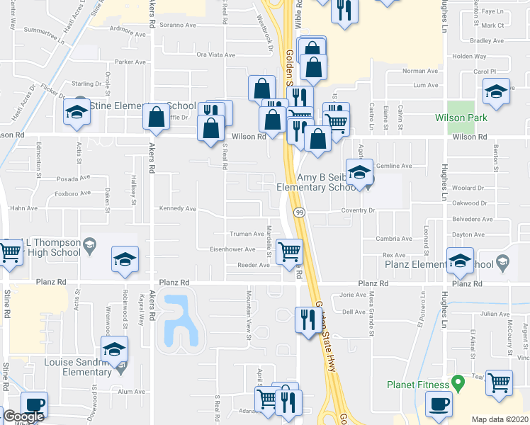 map of restaurants, bars, coffee shops, grocery stores, and more near 3504 Kennedy Avenue in Bakersfield