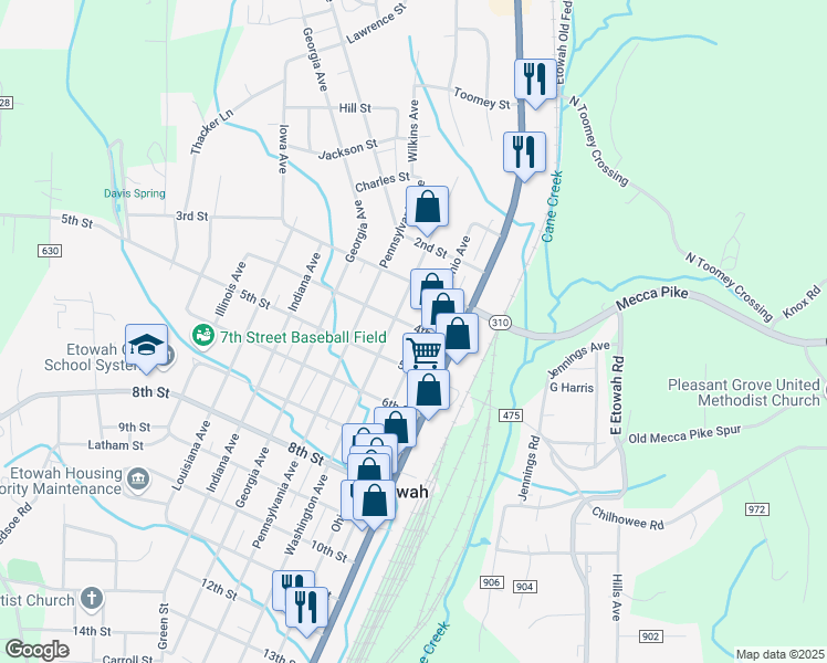 map of restaurants, bars, coffee shops, grocery stores, and more near 400 Ohio Avenue in Etowah