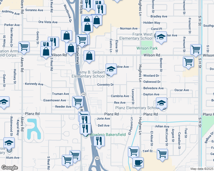 map of restaurants, bars, coffee shops, grocery stores, and more near 2800 Agate Street in Bakersfield