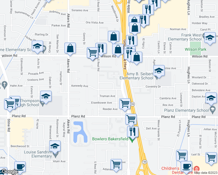 map of restaurants, bars, coffee shops, grocery stores, and more near 3520 Kennedy Avenue in Bakersfield