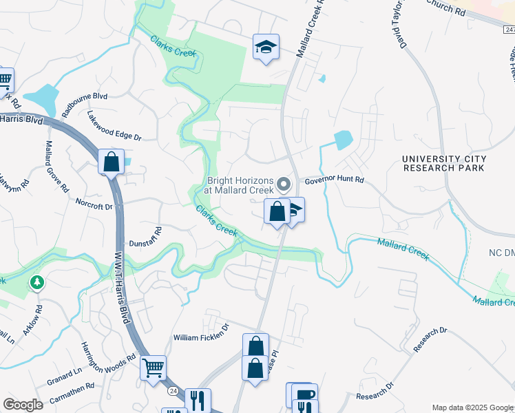 map of restaurants, bars, coffee shops, grocery stores, and more near 9130 Charminster Court in Charlotte