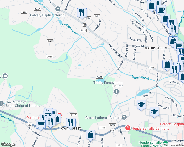 map of restaurants, bars, coffee shops, grocery stores, and more near 1311 County Road 1431 in Hendersonville