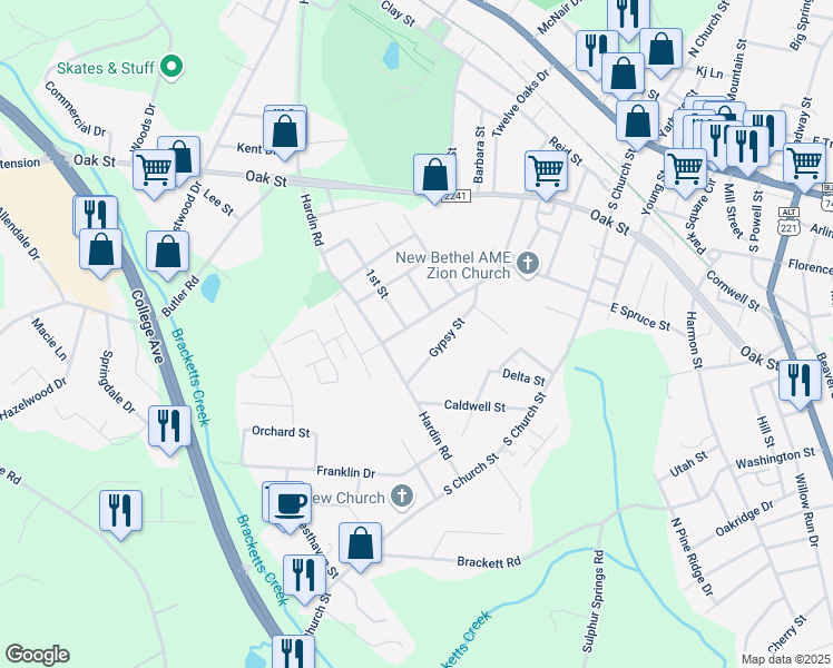 map of restaurants, bars, coffee shops, grocery stores, and more near 194 Gypsy Street in Forest City