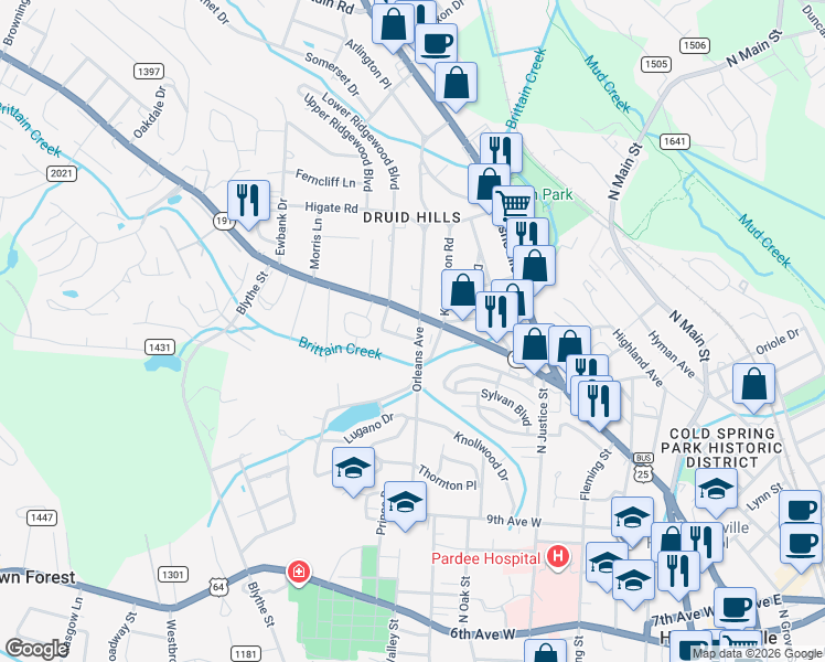 map of restaurants, bars, coffee shops, grocery stores, and more near 1492 Orleans Avenue in Hendersonville