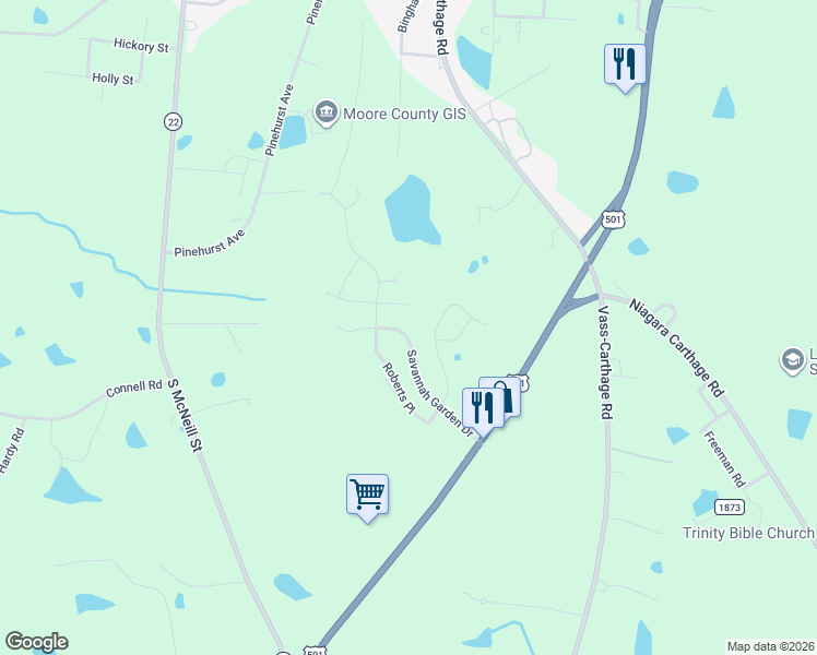 map of restaurants, bars, coffee shops, grocery stores, and more near 240 Savannah Garden Drive in Carthage