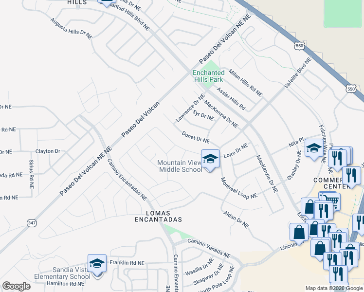 map of restaurants, bars, coffee shops, grocery stores, and more near 7324 Donet Drive Northeast in Rio Rancho