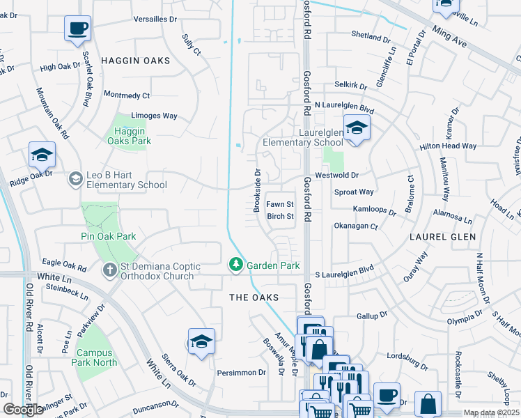 map of restaurants, bars, coffee shops, grocery stores, and more near 2933 Brookside Drive in Bakersfield