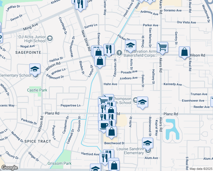 map of restaurants, bars, coffee shops, grocery stores, and more near 4809 Hahn Avenue in Bakersfield