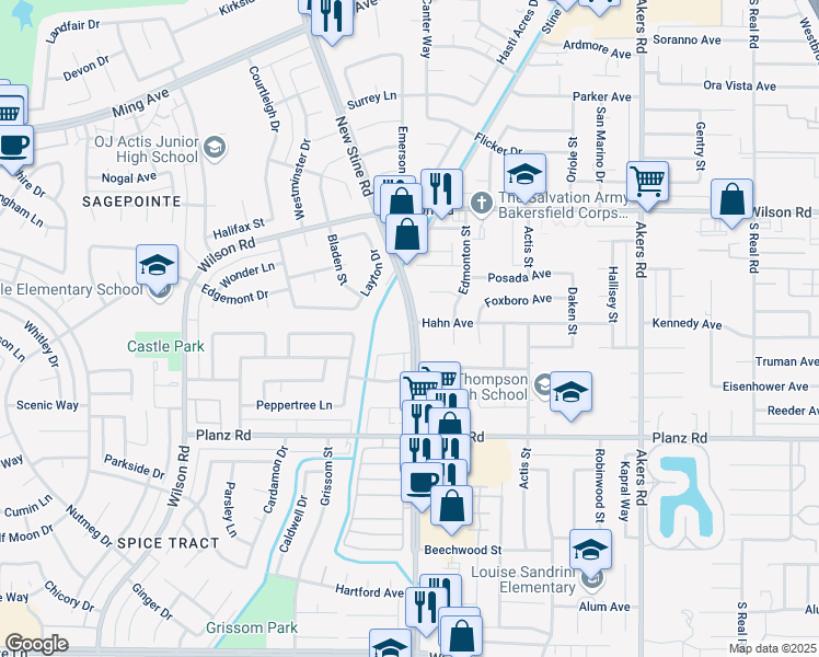 map of restaurants, bars, coffee shops, grocery stores, and more near 4809 Hahn Avenue in Bakersfield