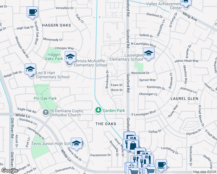 map of restaurants, bars, coffee shops, grocery stores, and more near 2933 Brookside Drive in Bakersfield