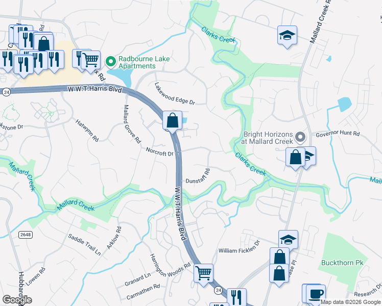 map of restaurants, bars, coffee shops, grocery stores, and more near 2830 Oldenway Drive in Charlotte
