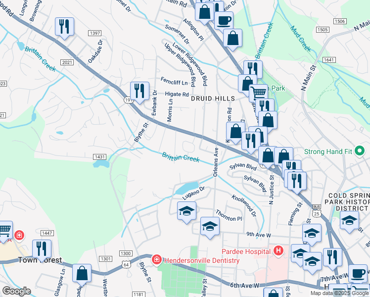 map of restaurants, bars, coffee shops, grocery stores, and more near 1066 Maplewood Court in Hendersonville