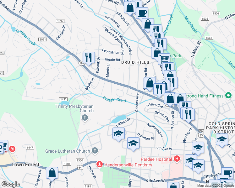 map of restaurants, bars, coffee shops, grocery stores, and more near 1759 Haywood Manor Road in Hendersonville