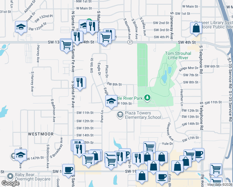 map of restaurants, bars, coffee shops, grocery stores, and more near 853 Cardan Place in Moore