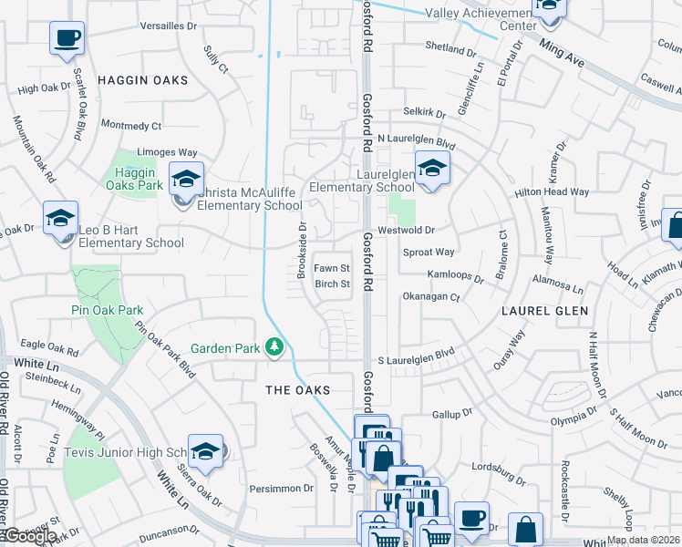 map of restaurants, bars, coffee shops, grocery stores, and more near 8209 Birch Street in Bakersfield