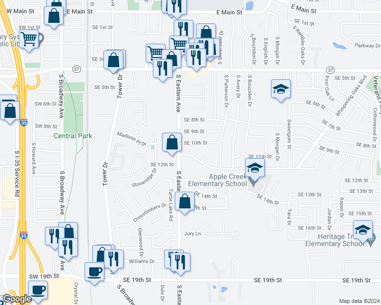 map of restaurants, bars, coffee shops, grocery stores, and more near 813 Southeast 12th Street in Moore