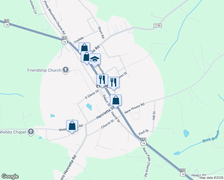 map of restaurants, bars, coffee shops, grocery stores, and more near 120 Byers Street in Ellenboro