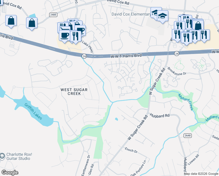 map of restaurants, bars, coffee shops, grocery stores, and more near 5723 Cougar Lane in Charlotte
