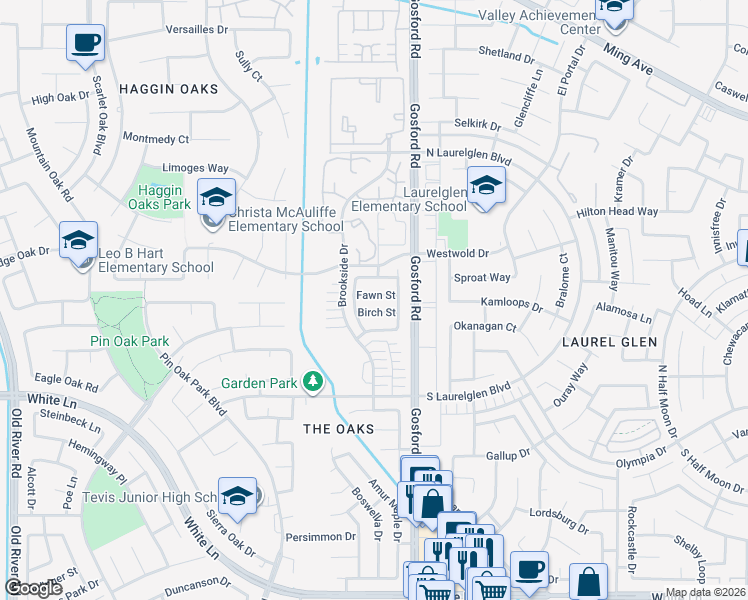 map of restaurants, bars, coffee shops, grocery stores, and more near 8209 Birch Street in Bakersfield