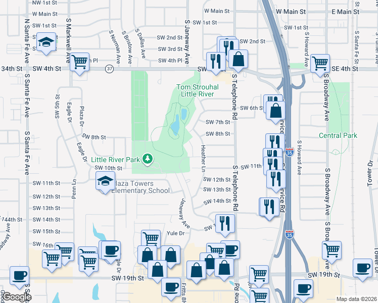map of restaurants, bars, coffee shops, grocery stores, and more near 728 Southwest 10th Street in Moore