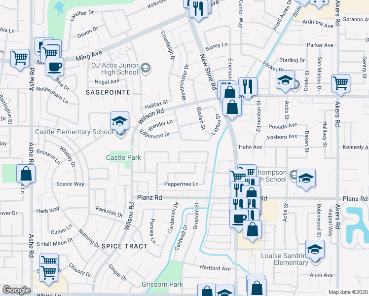 map of restaurants, bars, coffee shops, grocery stores, and more near 5317 Cherry Tree Lane in Bakersfield