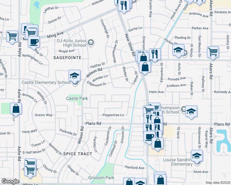 map of restaurants, bars, coffee shops, grocery stores, and more near 5317 Cherry Tree Lane in Bakersfield