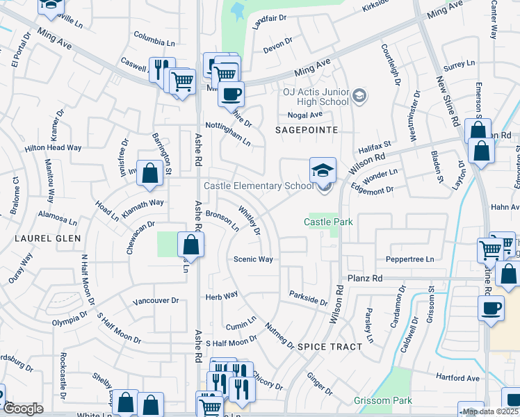 map of restaurants, bars, coffee shops, grocery stores, and more near 3005 North Half Moon Drive in Bakersfield