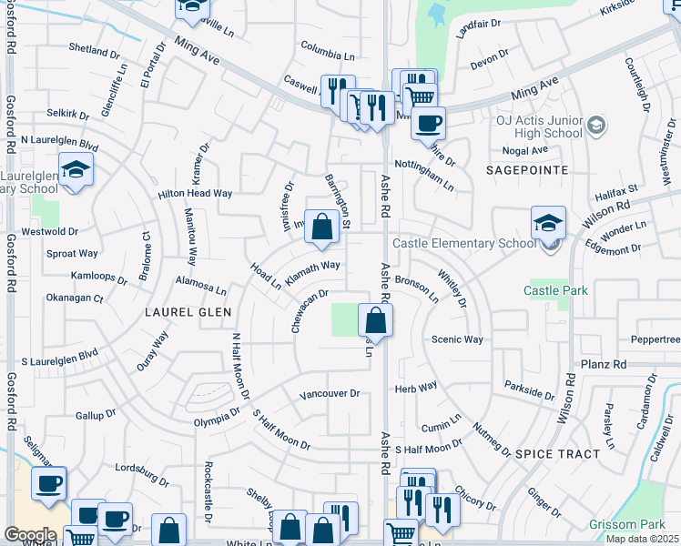 map of restaurants, bars, coffee shops, grocery stores, and more near 6416 Chewacan Drive in Bakersfield