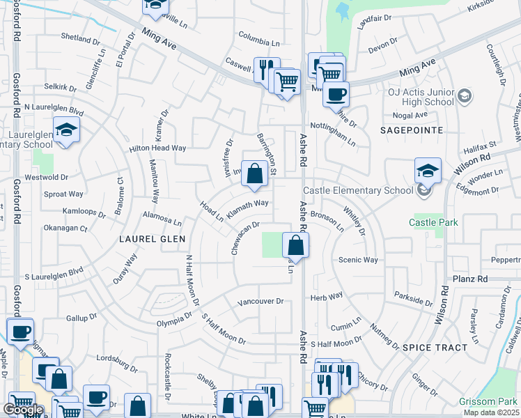 map of restaurants, bars, coffee shops, grocery stores, and more near 6516 Chewacan Drive in Bakersfield