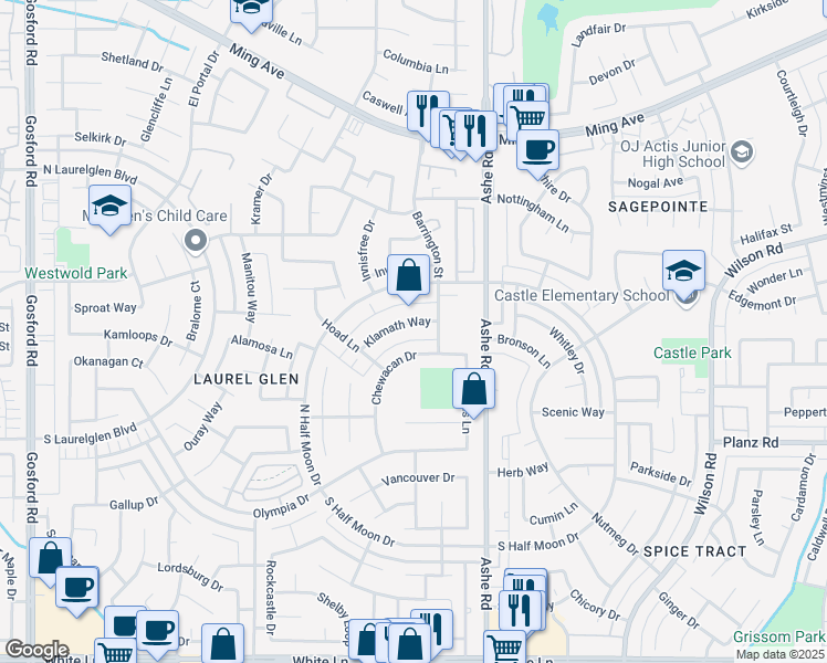 map of restaurants, bars, coffee shops, grocery stores, and more near 6516 Chewacan Drive in Bakersfield