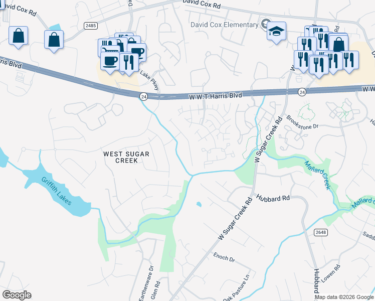 map of restaurants, bars, coffee shops, grocery stores, and more near 5723 Cougar Lane in Charlotte