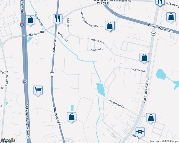 map of restaurants, bars, coffee shops, grocery stores, and more near 5510 Henderson Oaks Drive in Charlotte