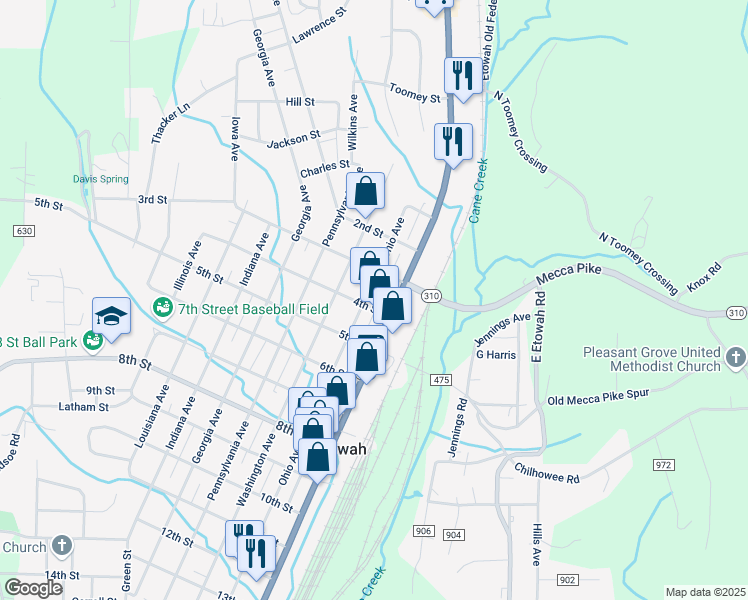 map of restaurants, bars, coffee shops, grocery stores, and more near 400 Tennessee Avenue in Etowah