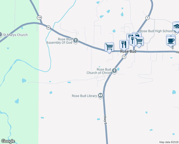 map of restaurants, bars, coffee shops, grocery stores, and more near 140 Taylor Creek Road in Rose Bud