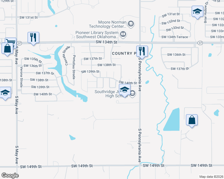 map of restaurants, bars, coffee shops, grocery stores, and more near 2212 Southwest 141st Place in Oklahoma City